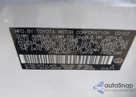 2007 Lexus Es 350 from USA, damaged, VIN JTHBJ46G172104978